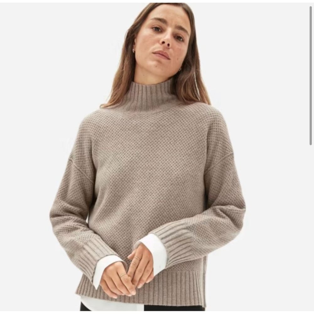 Everlane Size M Tan Taupe Recycled Cashmere Stroopwafel Mock Neck Tunic Sweater